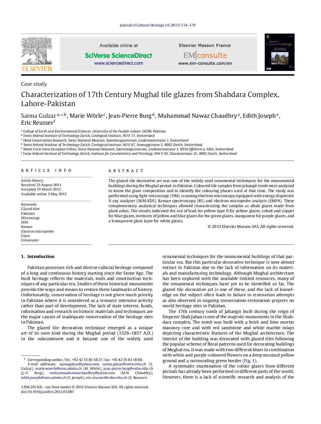 Characterization of 17th Century Mughal tile glazes from Shahdara Complex, Lahore-Pakistan