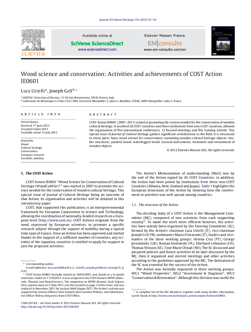 Wood science and conservation: Activities and achievements of COST Action IE0601