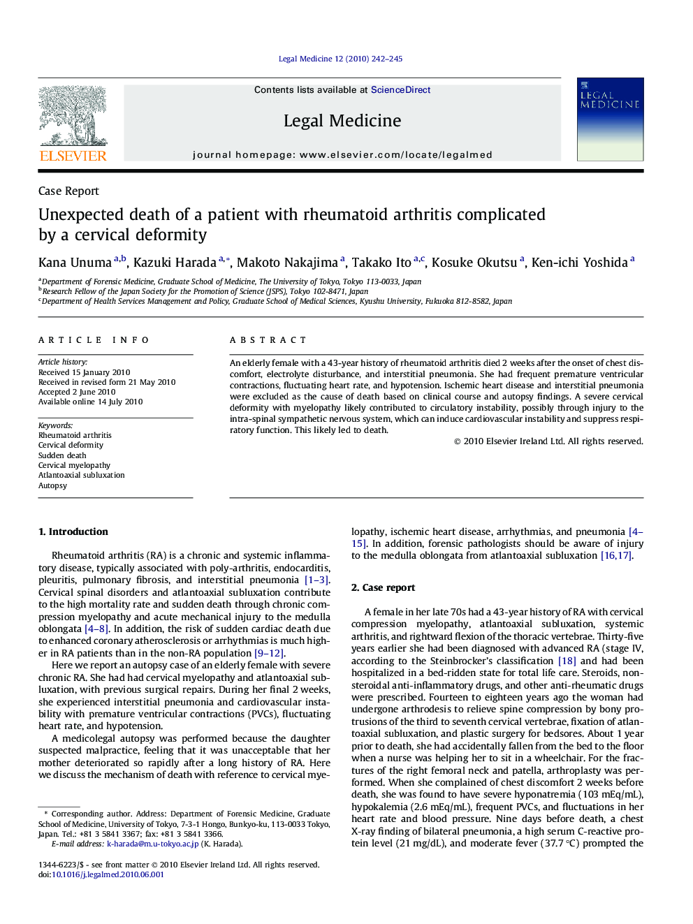 Unexpected death of a patient with rheumatoid arthritis complicated by a cervical deformity