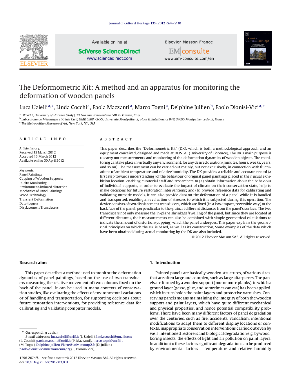 The Deformometric Kit: A method and an apparatus for monitoring the deformation of wooden panels