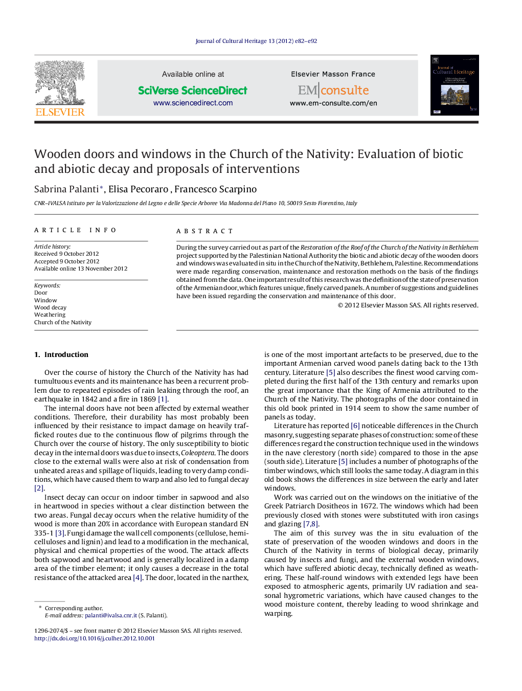 Wooden doors and windows in the Church of the Nativity: Evaluation of biotic and abiotic decay and proposals of interventions