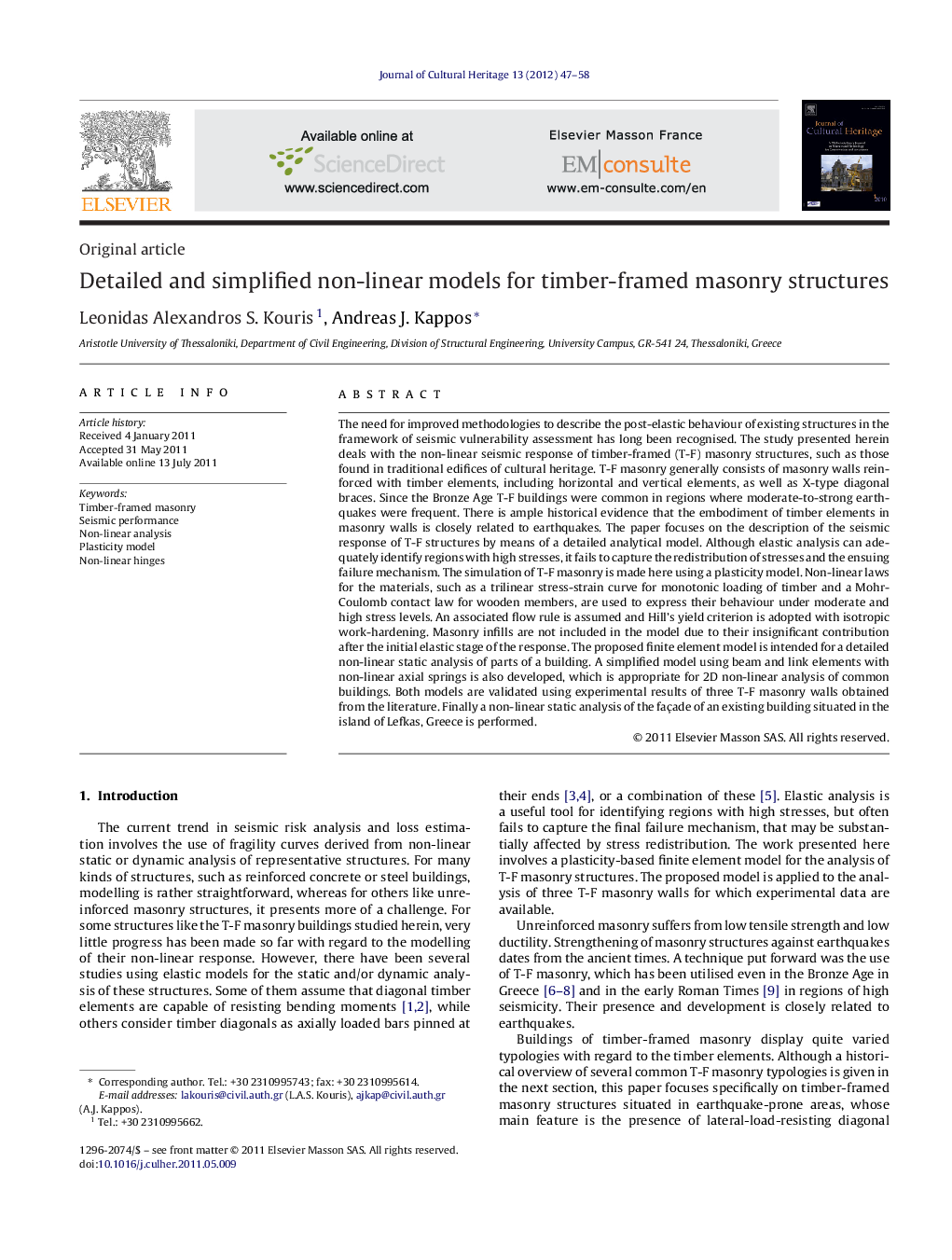 Detailed and simplified non-linear models for timber-framed masonry structures