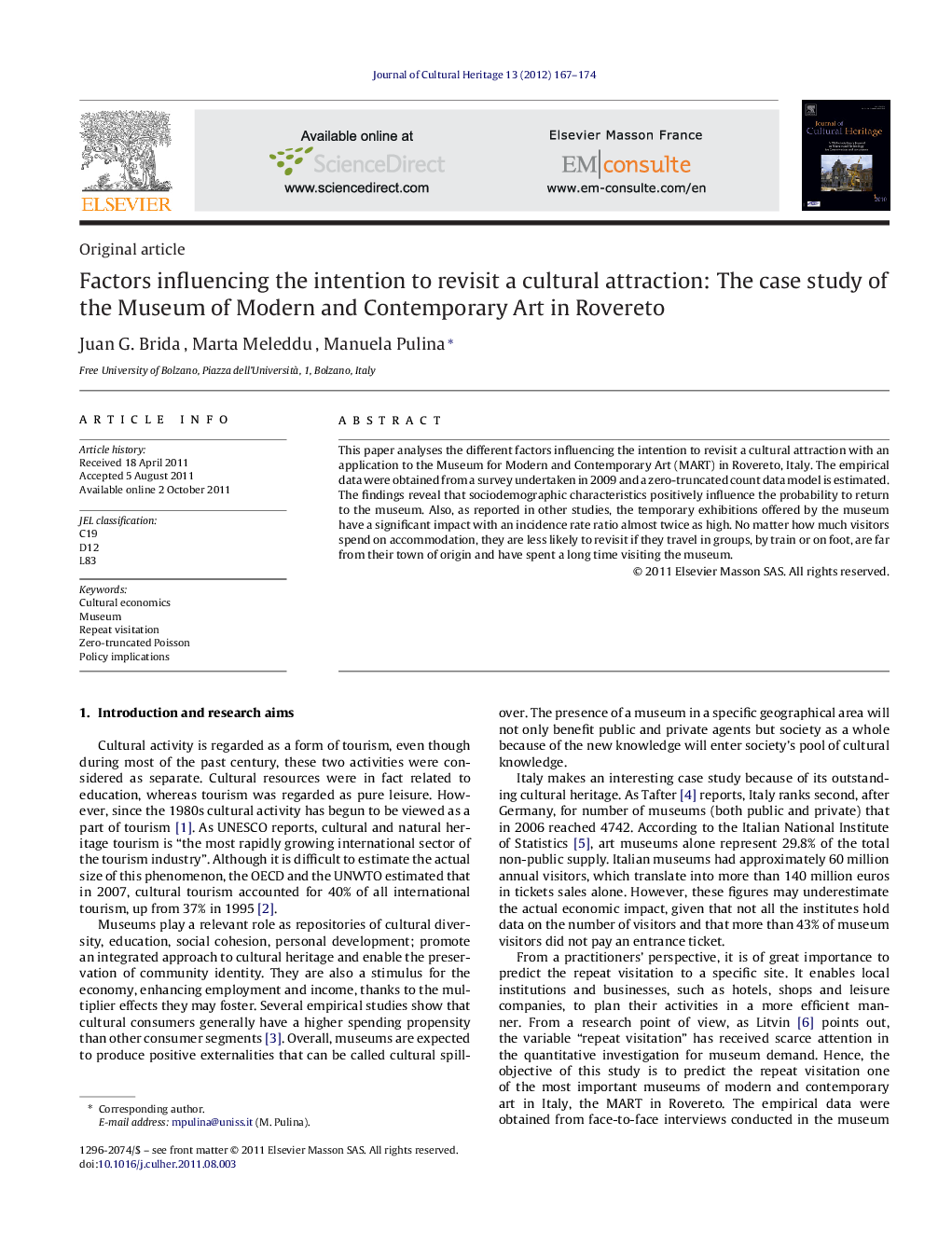 Factors influencing the intention to revisit a cultural attraction: The case study of the Museum of Modern and Contemporary Art in Rovereto