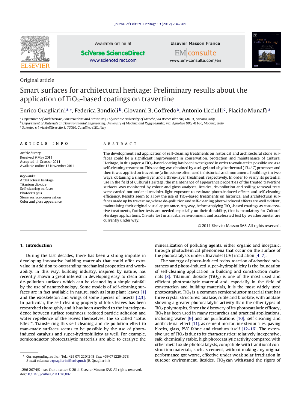 عکس صفحه اول مقاله: Smart surfaces for architectural heritage: Preliminary results about the application of TiO2-based coatings on travertine Smart surfaces for architectural heritage: Preliminary results about the application of TiO2-based coatings on travertine