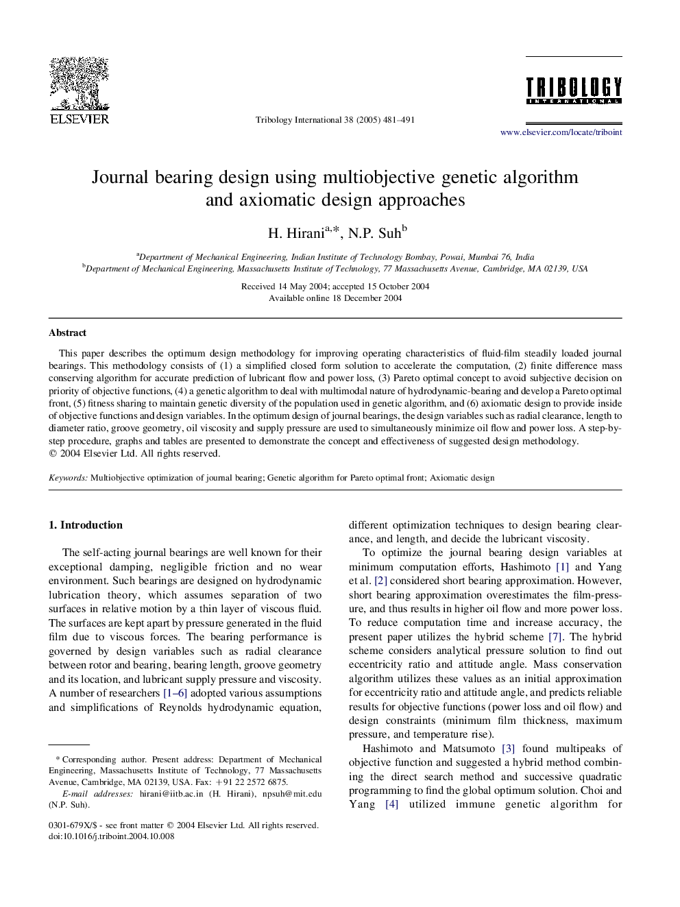 Journal bearing design using multiobjective genetic algorithm and axiomatic design approaches