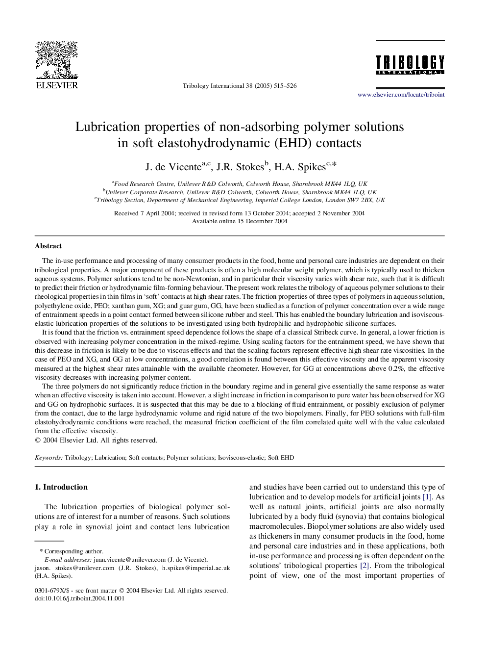 عکس صفحه اول مقاله: Lubrication properties of non-adsorbing polymer solutions in soft elastohydrodynamic (EHD) contacts Lubrication properties of non-adsorbing polymer solutions in soft elastohydrodynamic (EHD) contacts