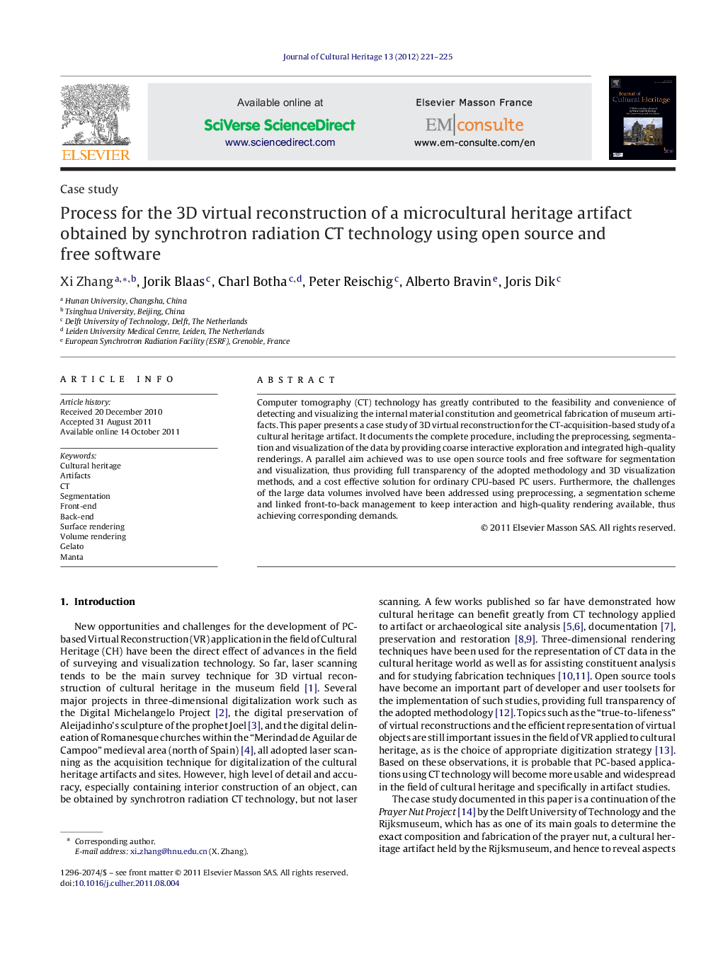 Process for the 3D virtual reconstruction of a microcultural heritage artifact obtained by synchrotron radiation CT technology using open source and free software