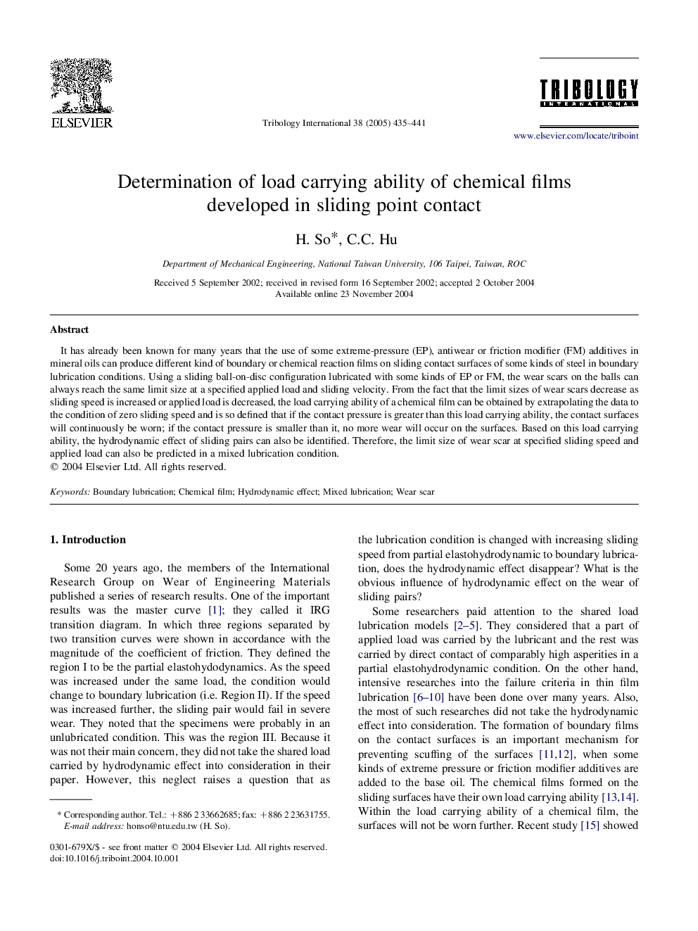 Determination of load carrying ability of chemical films developed in sliding point contact