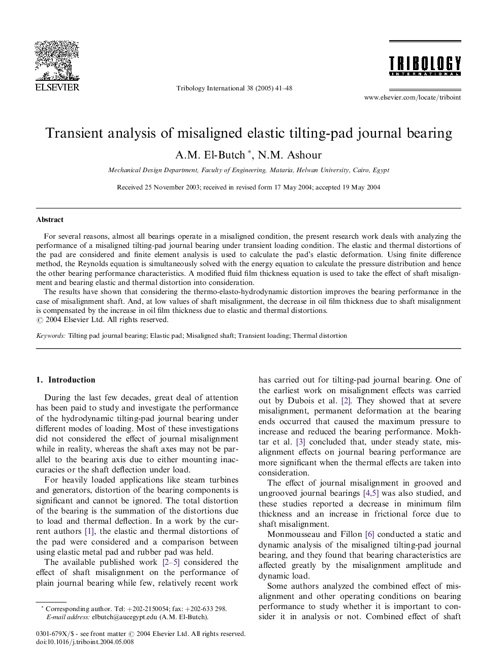 Transient analysis of misaligned elastic tilting-pad journal bearing