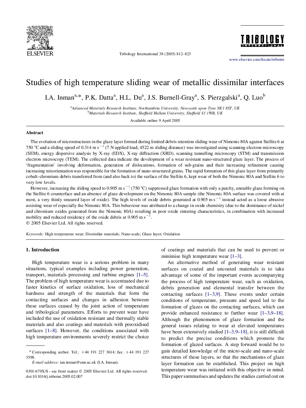 Studies of high temperature sliding wear of metallic dissimilar interfaces