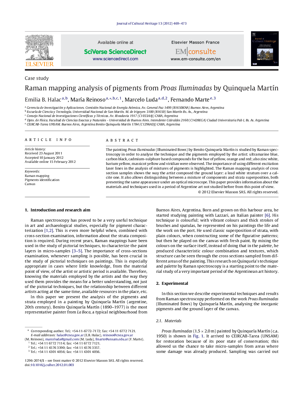 Raman mapping analysis of pigments from Proas Iluminadas by Quinquela Martín