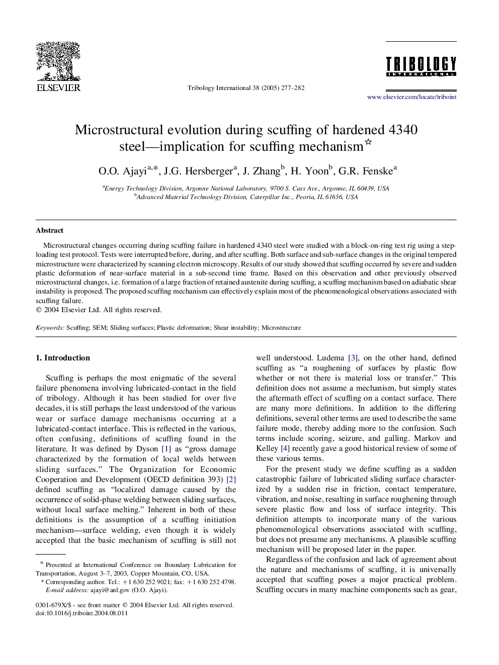 Microstructural evolution during scuffing of hardened 4340 steel-implication for scuffing mechanism