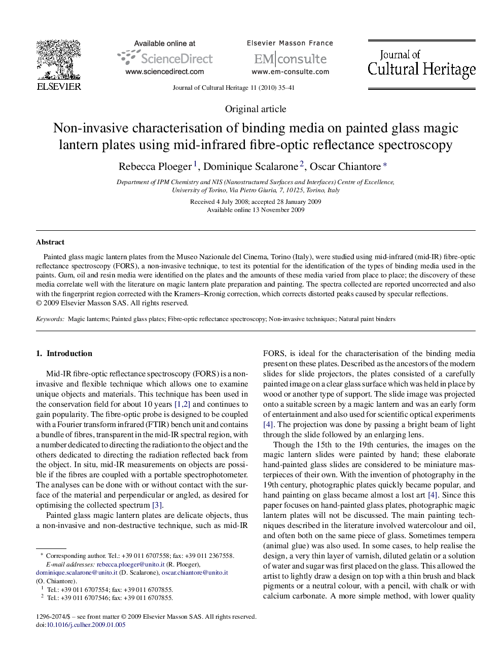 Non-invasive characterisation of binding media on painted glass magic lantern plates using mid-infrared fibre-optic reflectance spectroscopy