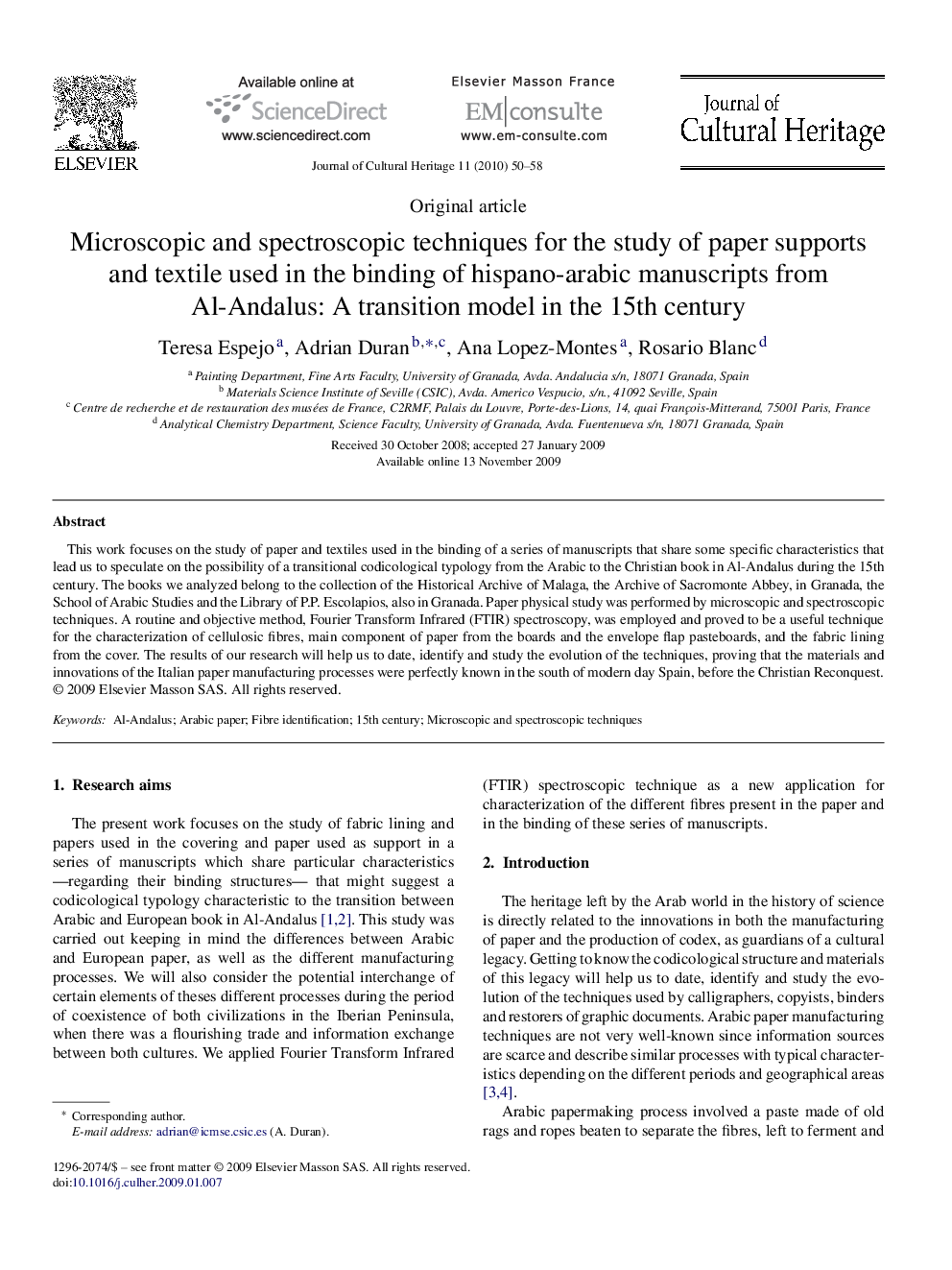 Microscopic and spectroscopic techniques for the study of paper supports and textile used in the binding of hispano-arabic manuscripts from Al-Andalus: A transition model in the 15th century