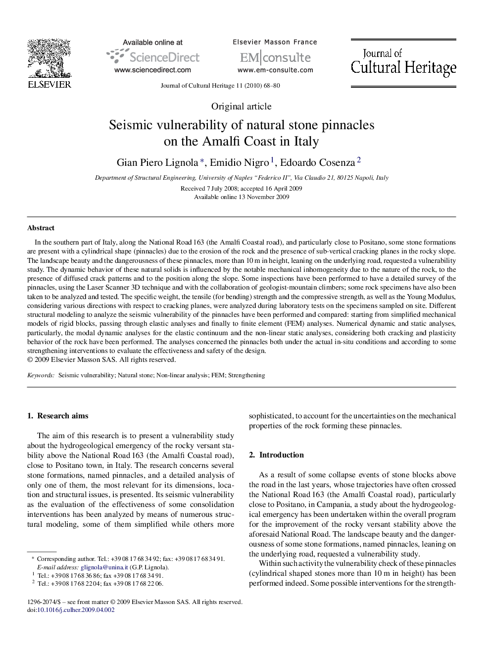 Seismic vulnerability of natural stone pinnacles on the Amalfi Coast in Italy