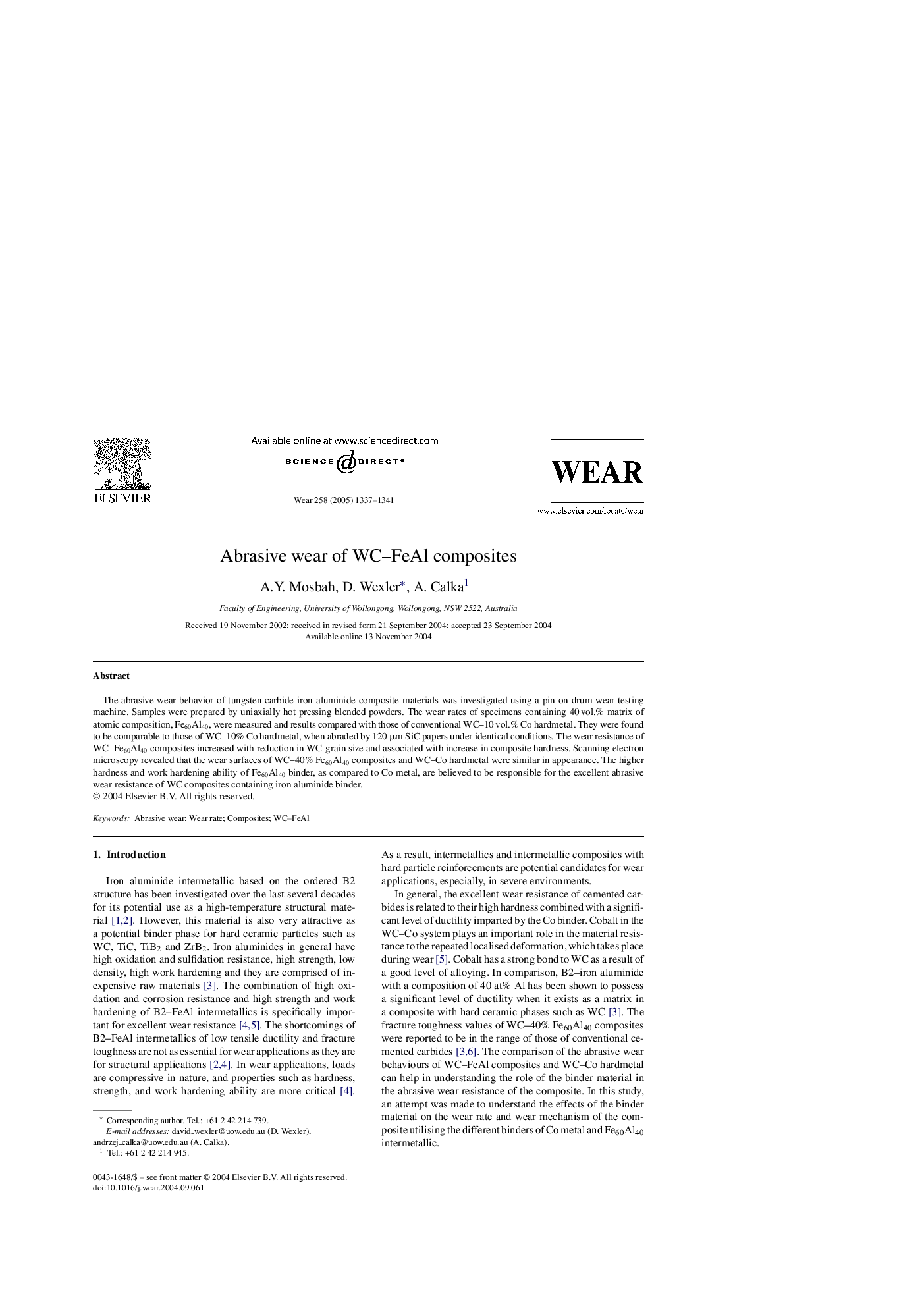 Abrasive wear of WC-FeAl composites