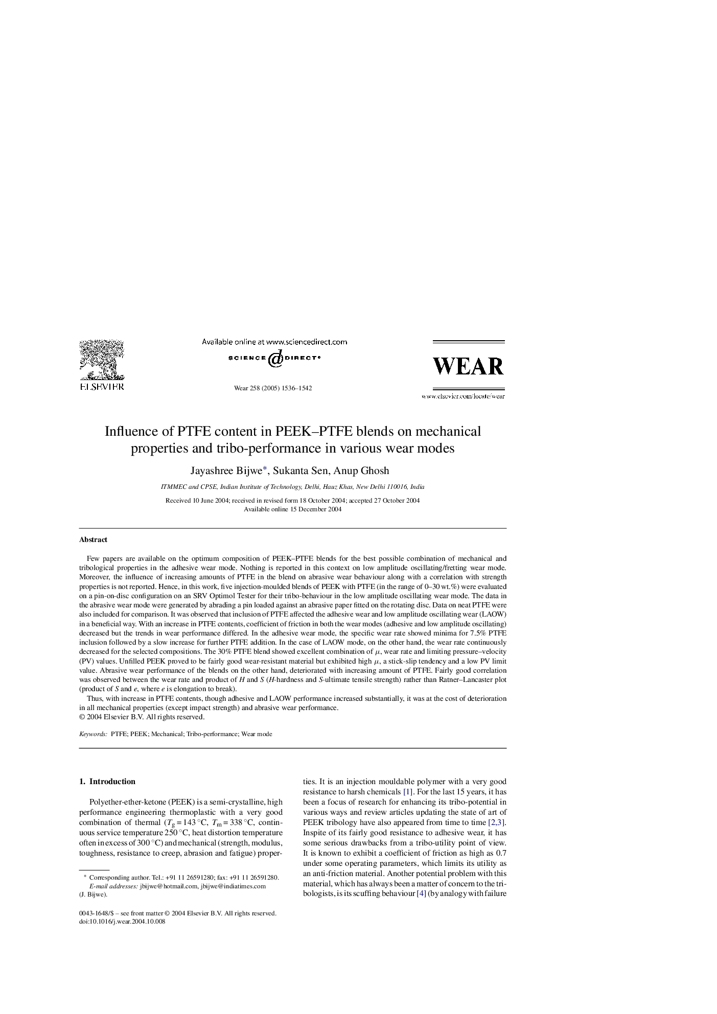 Influence of PTFE content in PEEK-PTFE blends on mechanical properties and tribo-performance in various wear modes