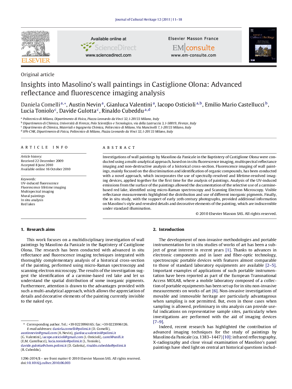 عکس صفحه اول مقاله: Insights into Masolino's wall paintings in Castiglione Olona: Advanced reflectance and fluorescence imaging analysis Insights into Masolino's wall paintings in Castiglione Olona: Advanced reflectance and fluorescence imaging analysis