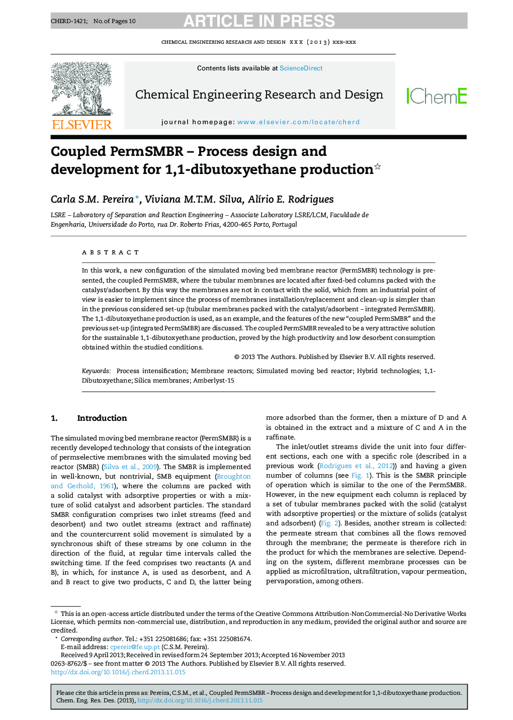 Coupled PermSMBR - Process design and development for 1,1-dibutoxyethane production