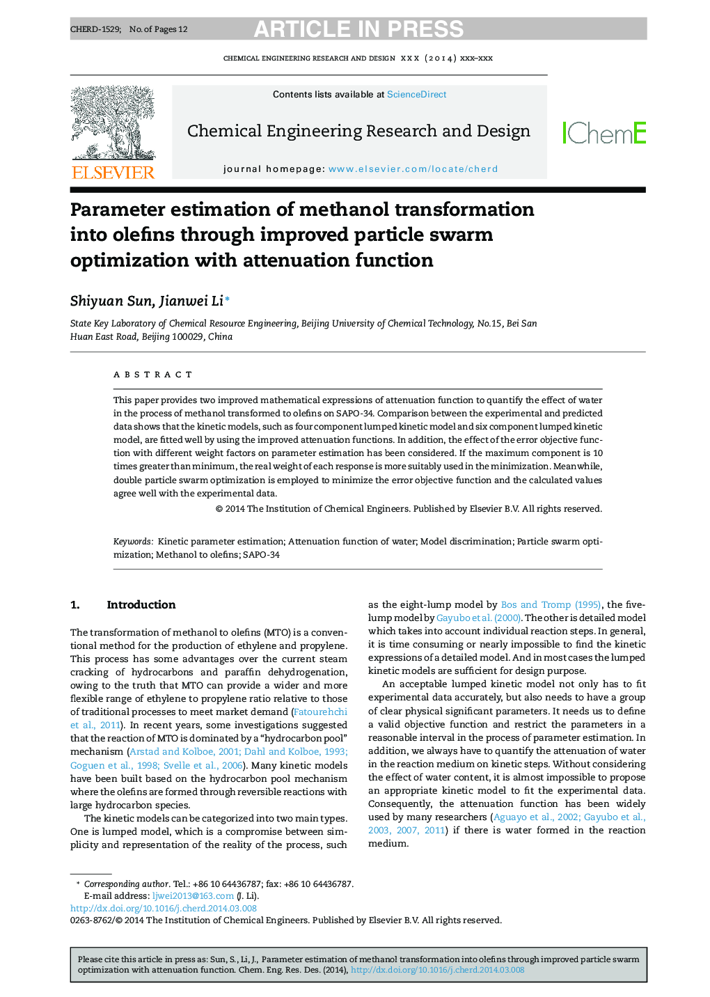 Parameter estimation of methanol transformation into olefins through improved particle swarm optimization with attenuation function
