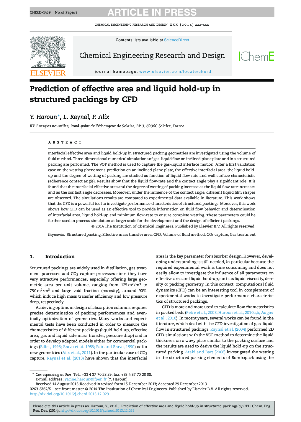 Prediction of effective area and liquid hold-up in structured packings by CFD