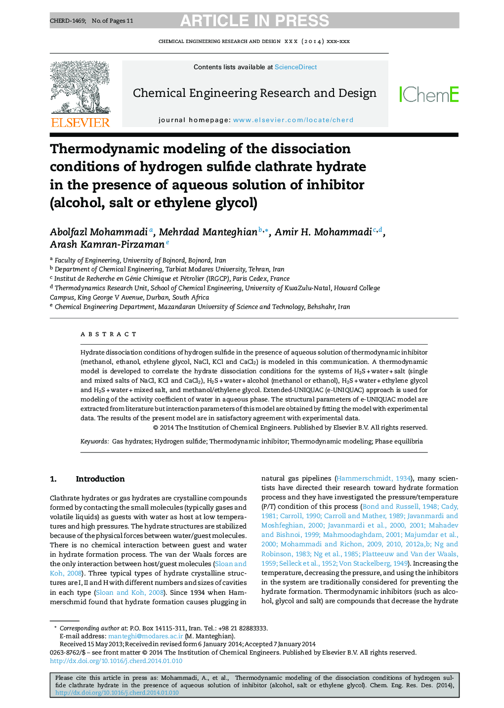 Thermodynamic modeling of the dissociation conditions of hydrogen sulfide clathrate hydrate in the presence of aqueous solution of inhibitor (alcohol, salt or ethylene glycol)