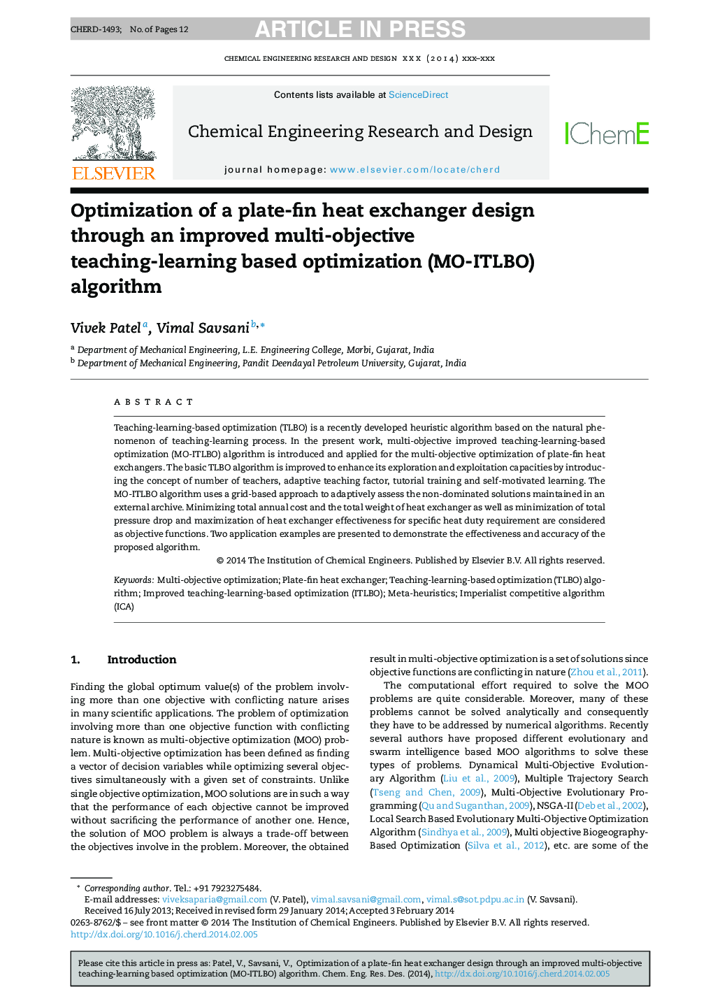 Optimization of a plate-fin heat exchanger design through an improved multi-objective teaching-learning based optimization (MO-ITLBO) algorithm