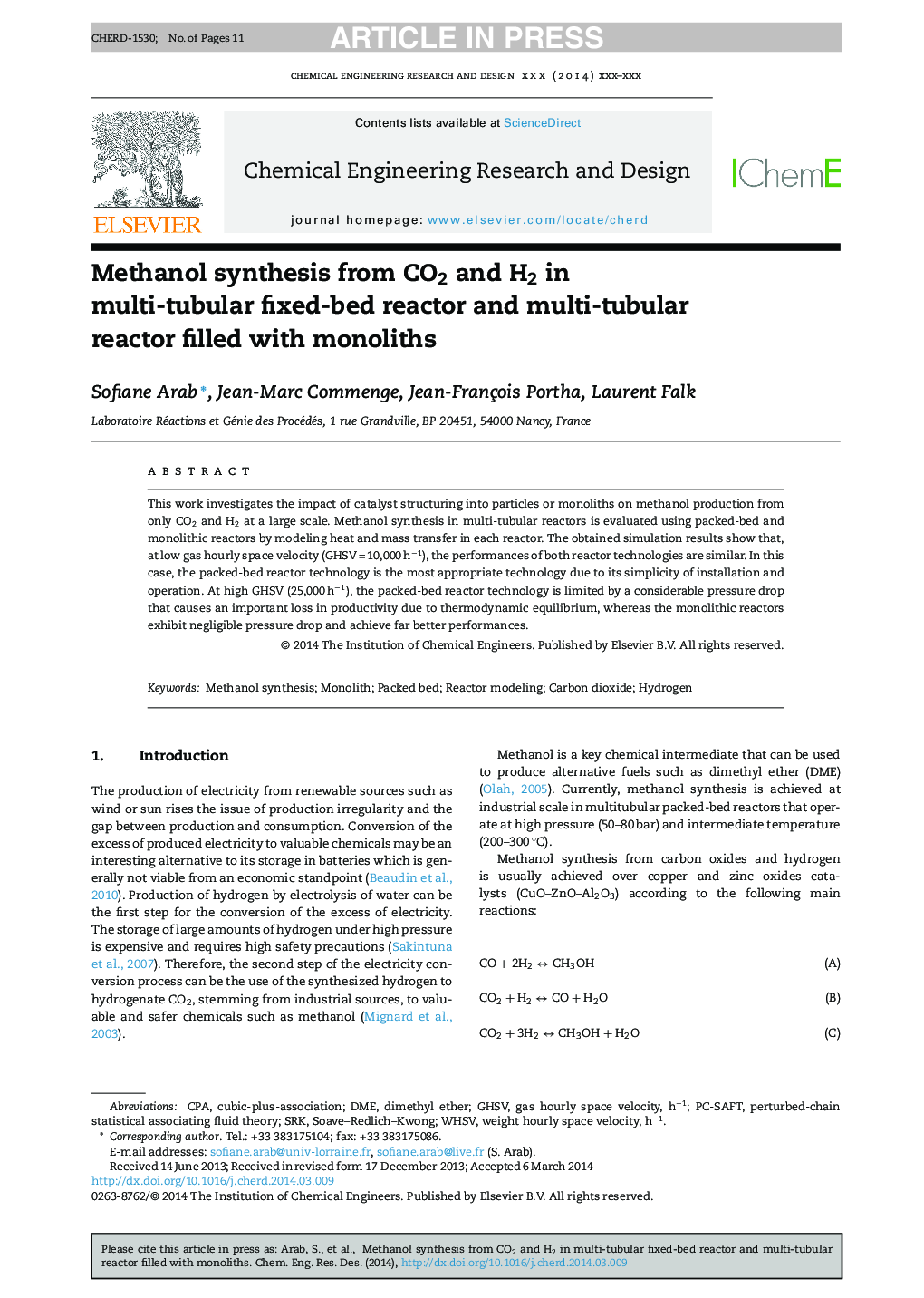 Methanol synthesis from CO2 and H2 in multi-tubular fixed-bed reactor and multi-tubular reactor filled with monoliths