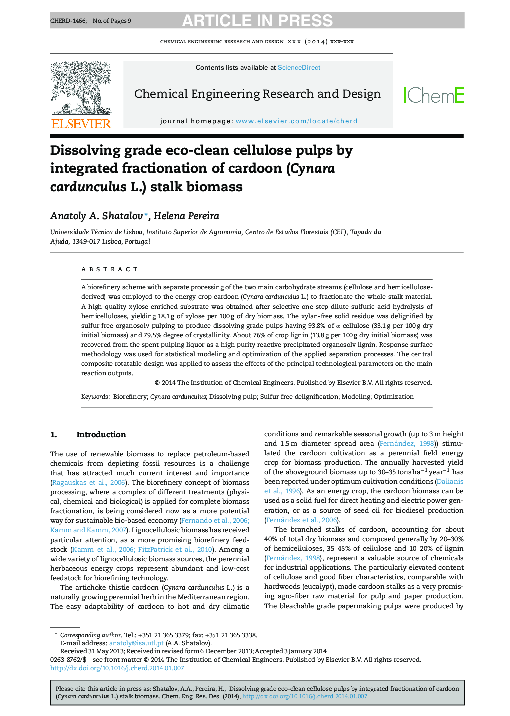 Dissolving grade eco-clean cellulose pulps by integrated fractionation of cardoon (Cynara cardunculus L.) stalk biomass