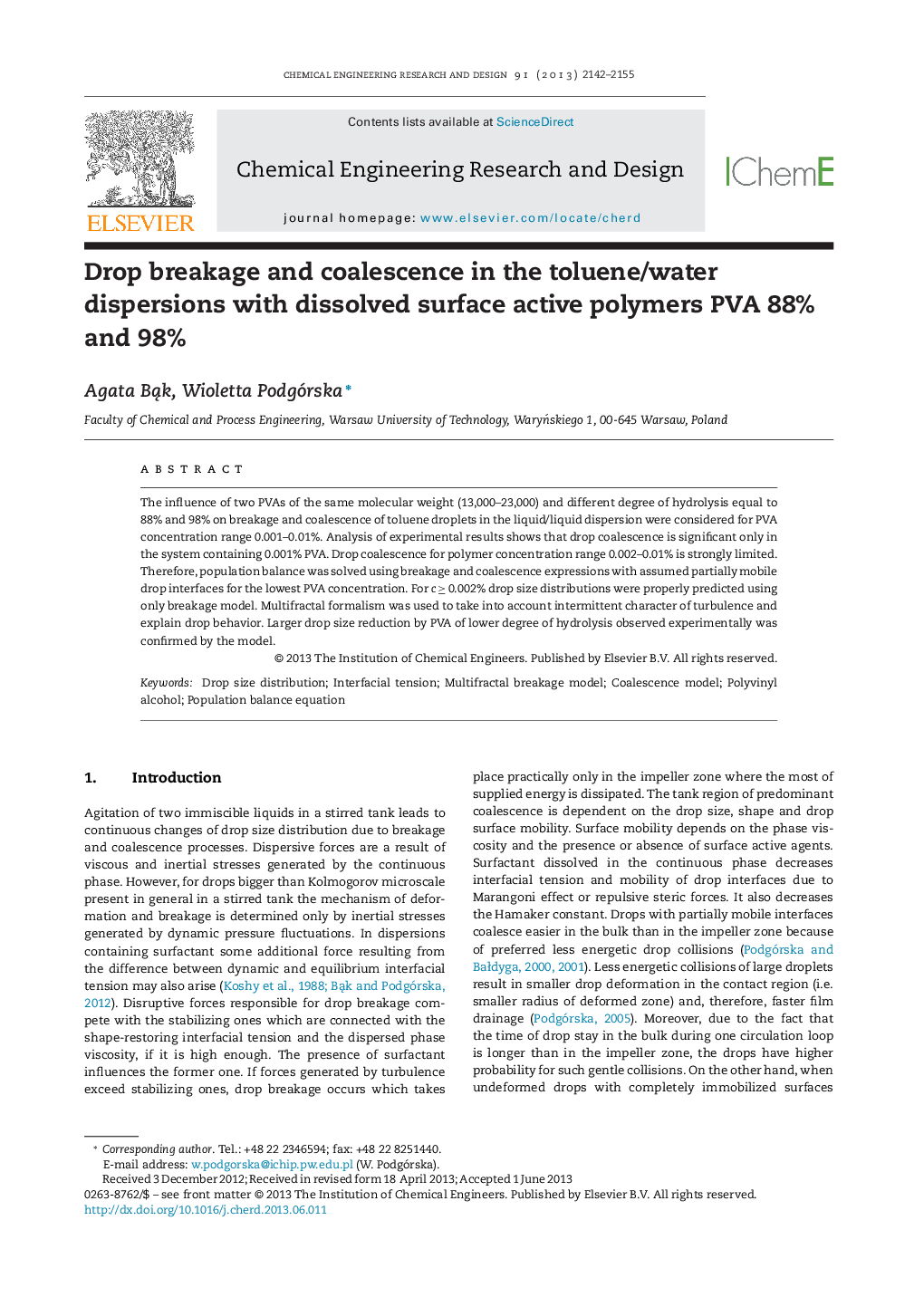 Drop breakage and coalescence in the toluene/water dispersions with dissolved surface active polymers PVA 88% and 98%