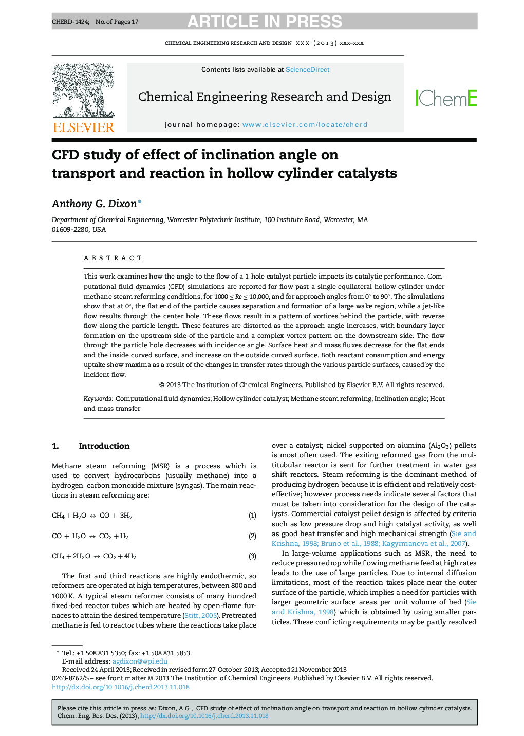 CFD study of effect of inclination angle on transport and reaction in hollow cylinder catalysts