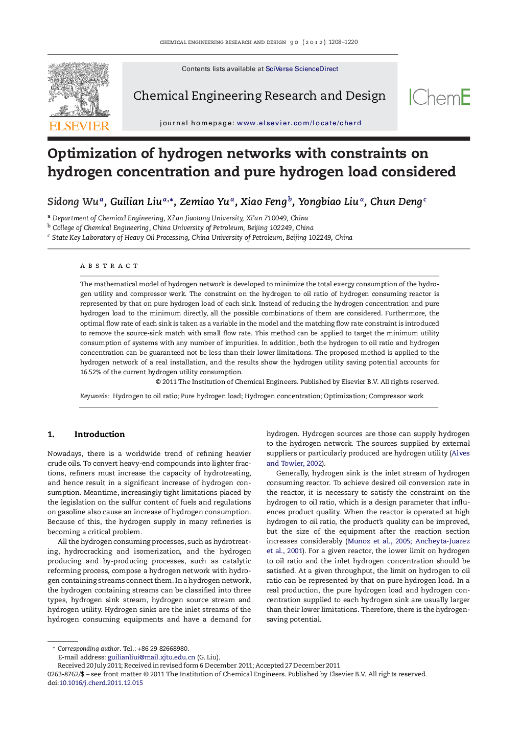 Optimization of hydrogen networks with constraints on hydrogen concentration and pure hydrogen load considered