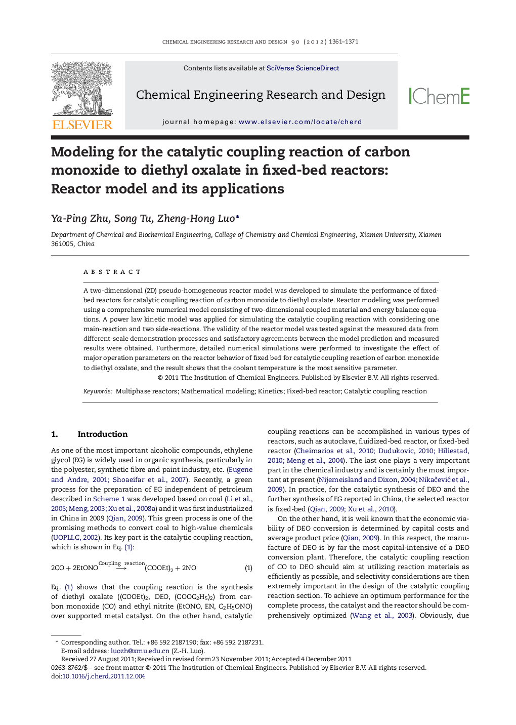 Modeling for the catalytic coupling reaction of carbon monoxide to diethyl oxalate in fixed-bed reactors: Reactor model and its applications