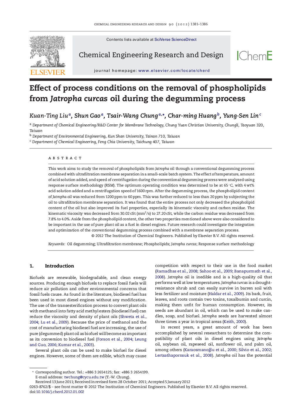 Effect of process conditions on the removal of phospholipids from Jatropha curcas oil during the degumming process