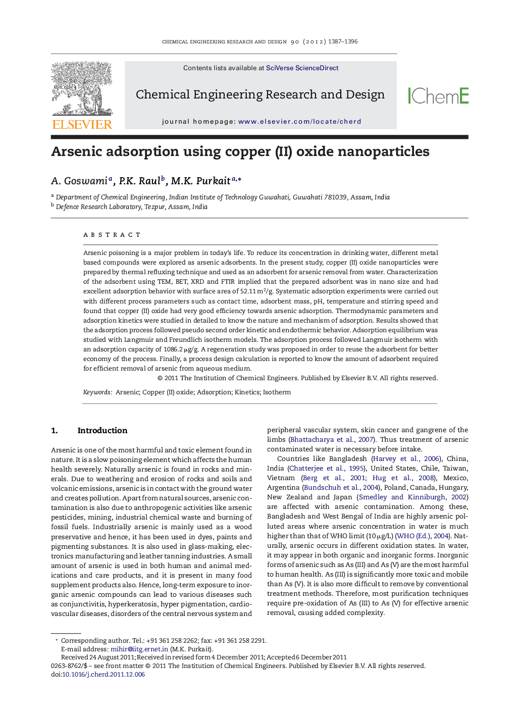 عکس صفحه اول مقاله: Arsenic adsorption using copper (II) oxide nanoparticles Arsenic adsorption using copper (II) oxide nanoparticles