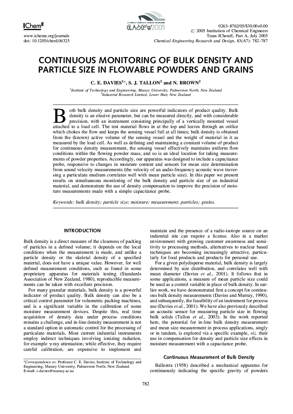 Continuous Monitoring of Bulk Density and Particle Size in Flowable Powders and Grains