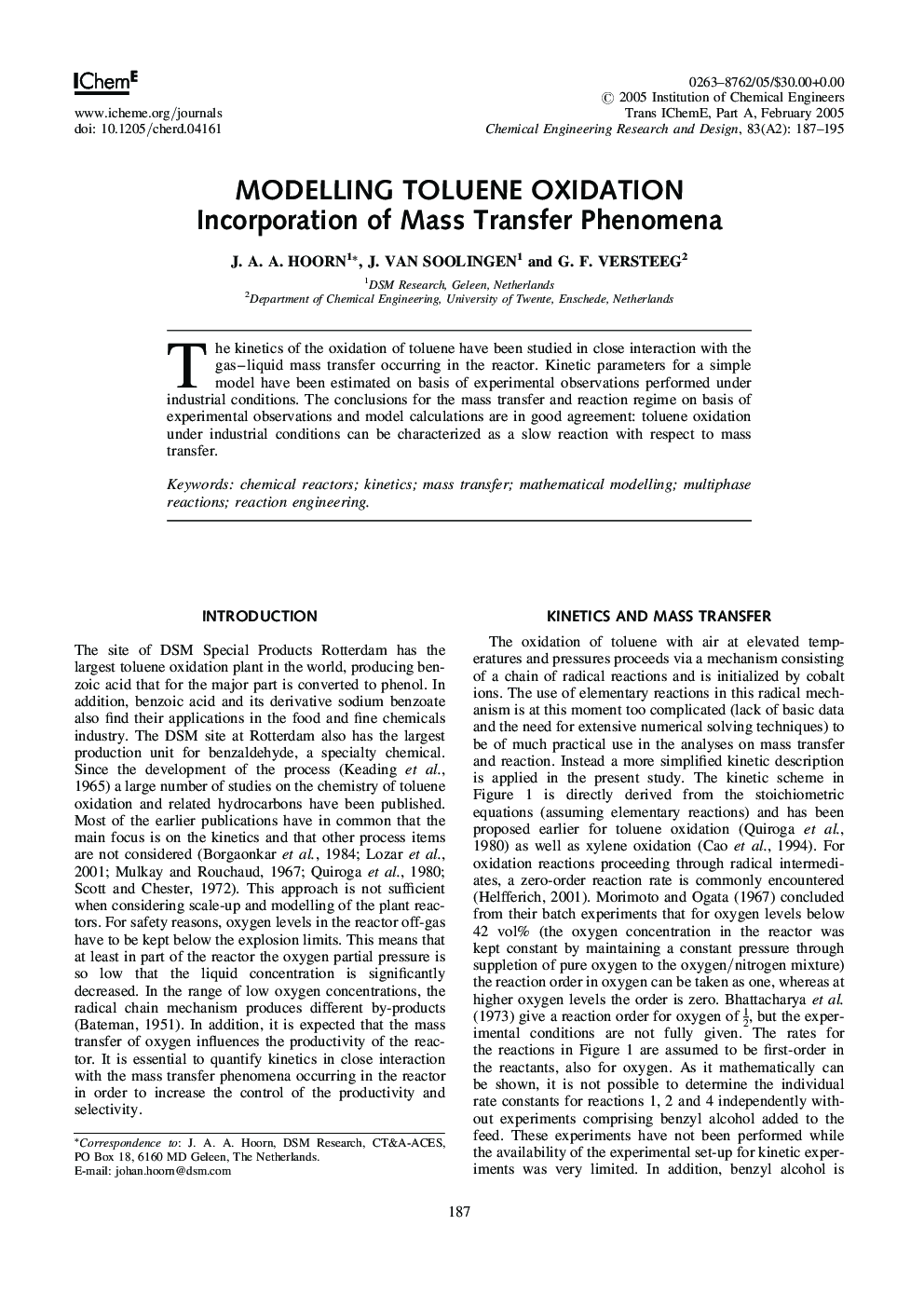 Modelling Toluene Oxidation: Incorporation of Mass Transfer Phenomena