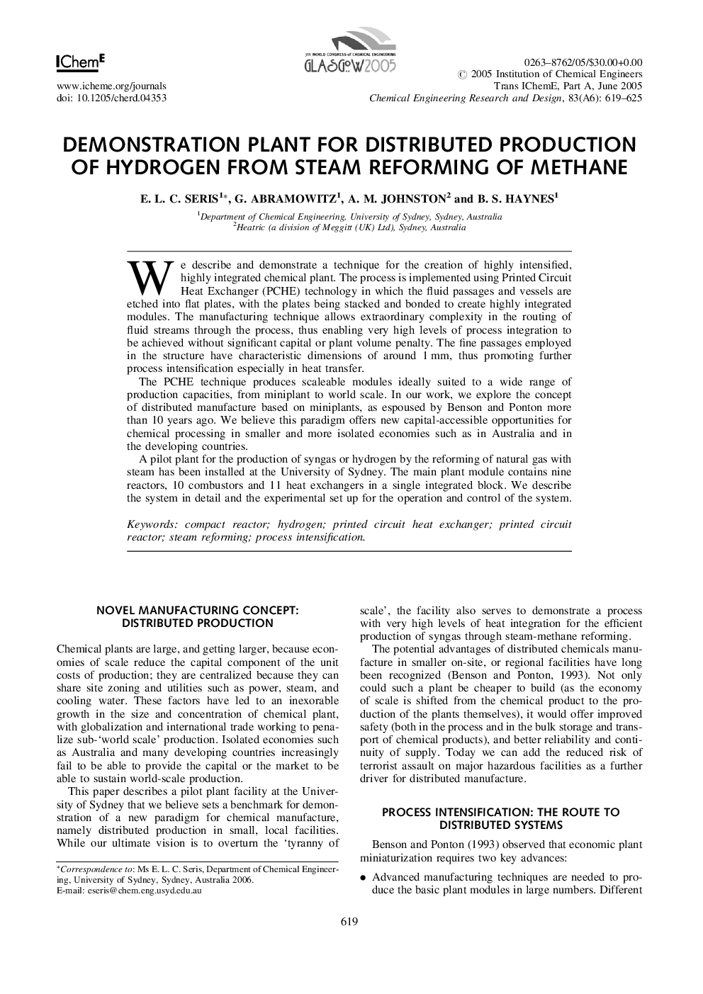 Demonstration Plant for Distributed Production of Hydrogen from Steam Reforming of Methane