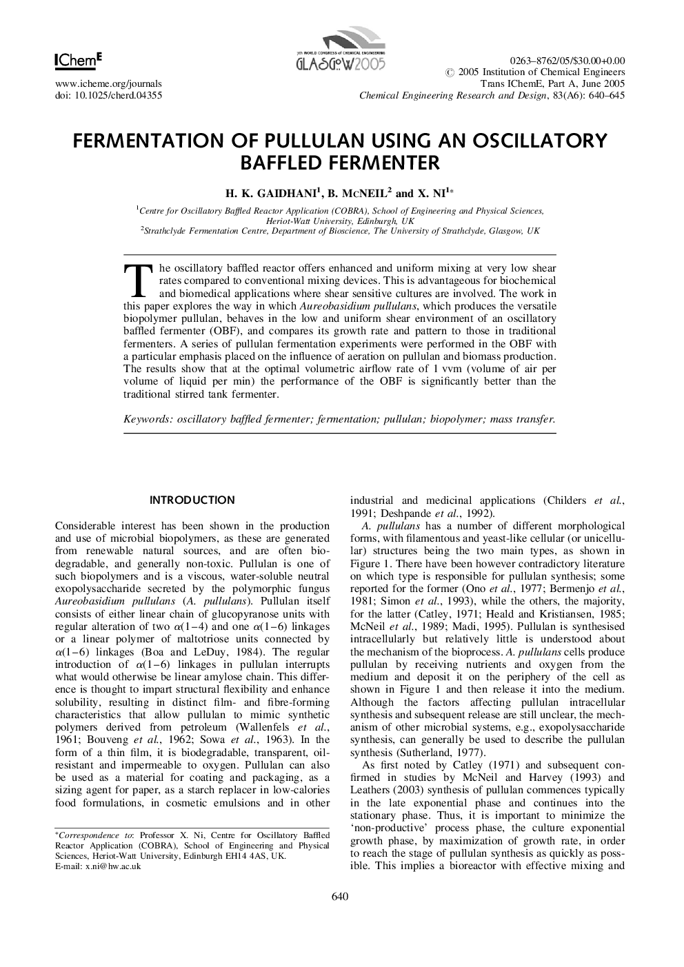 Fermentation of Pullulan Using an Oscillatory Baffled Fermenter