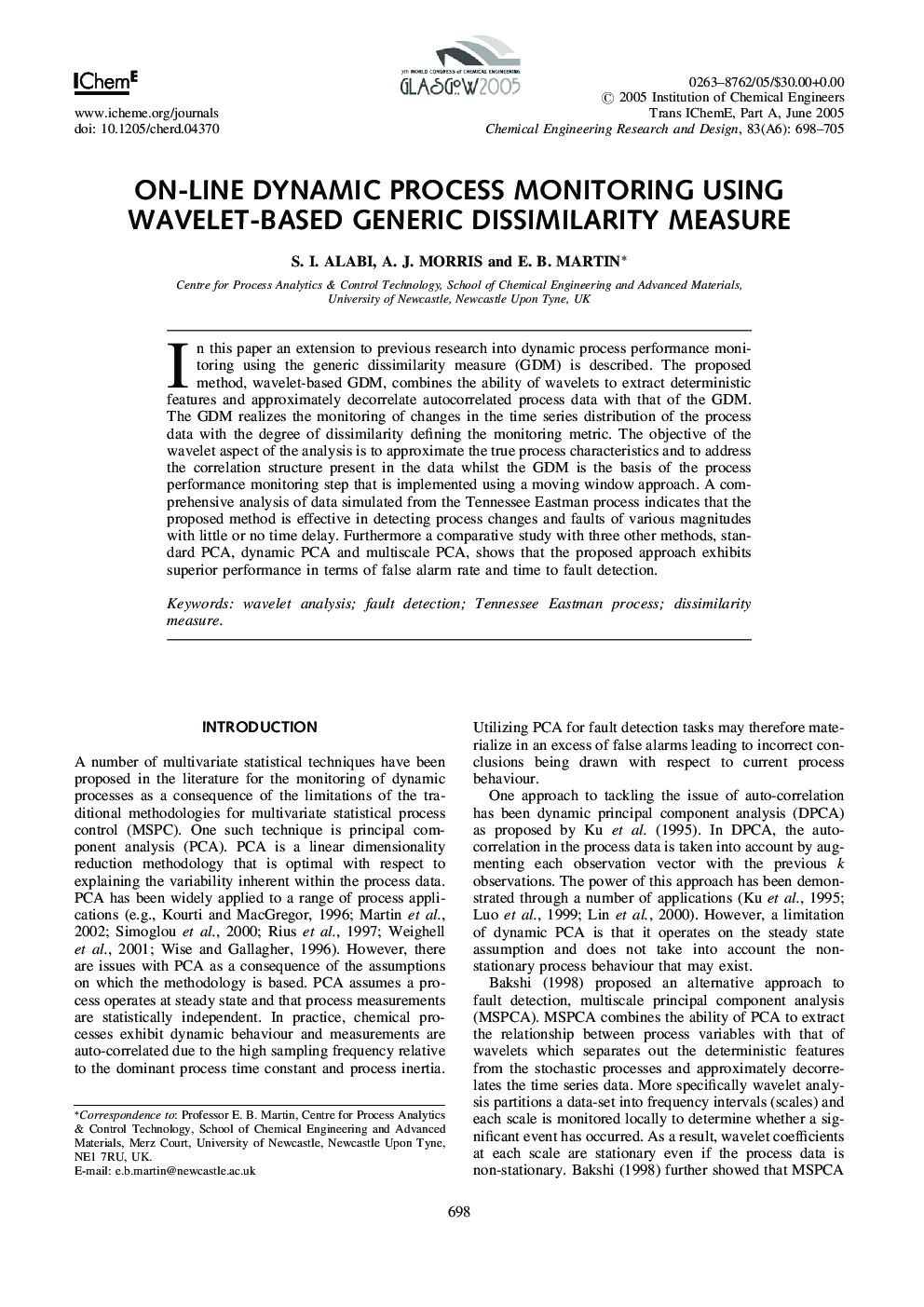 On-Line Dynamic Process Monitoring Using Wavelet-Based Generic Dissimilarity Measure