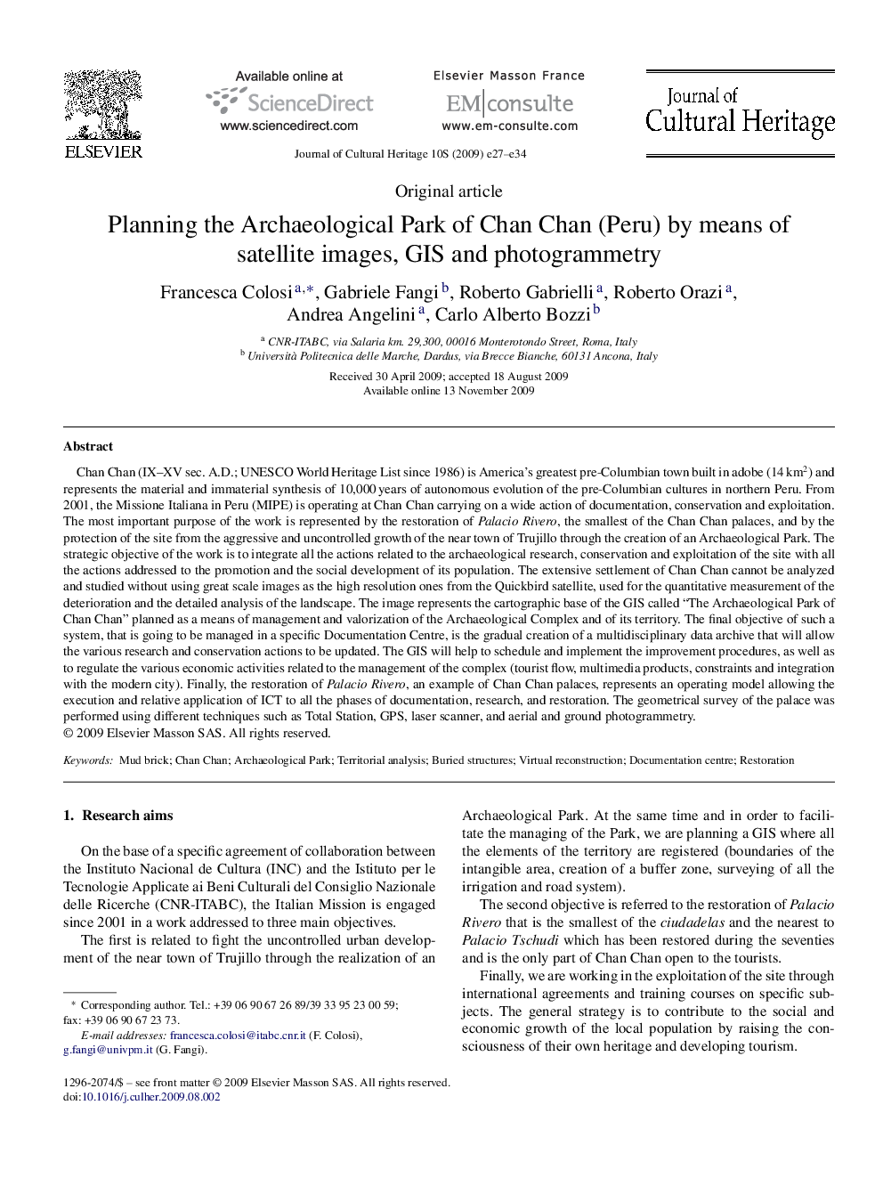 Planning the Archaeological Park of Chan Chan (Peru) by means of satellite images, GIS and photogrammetry