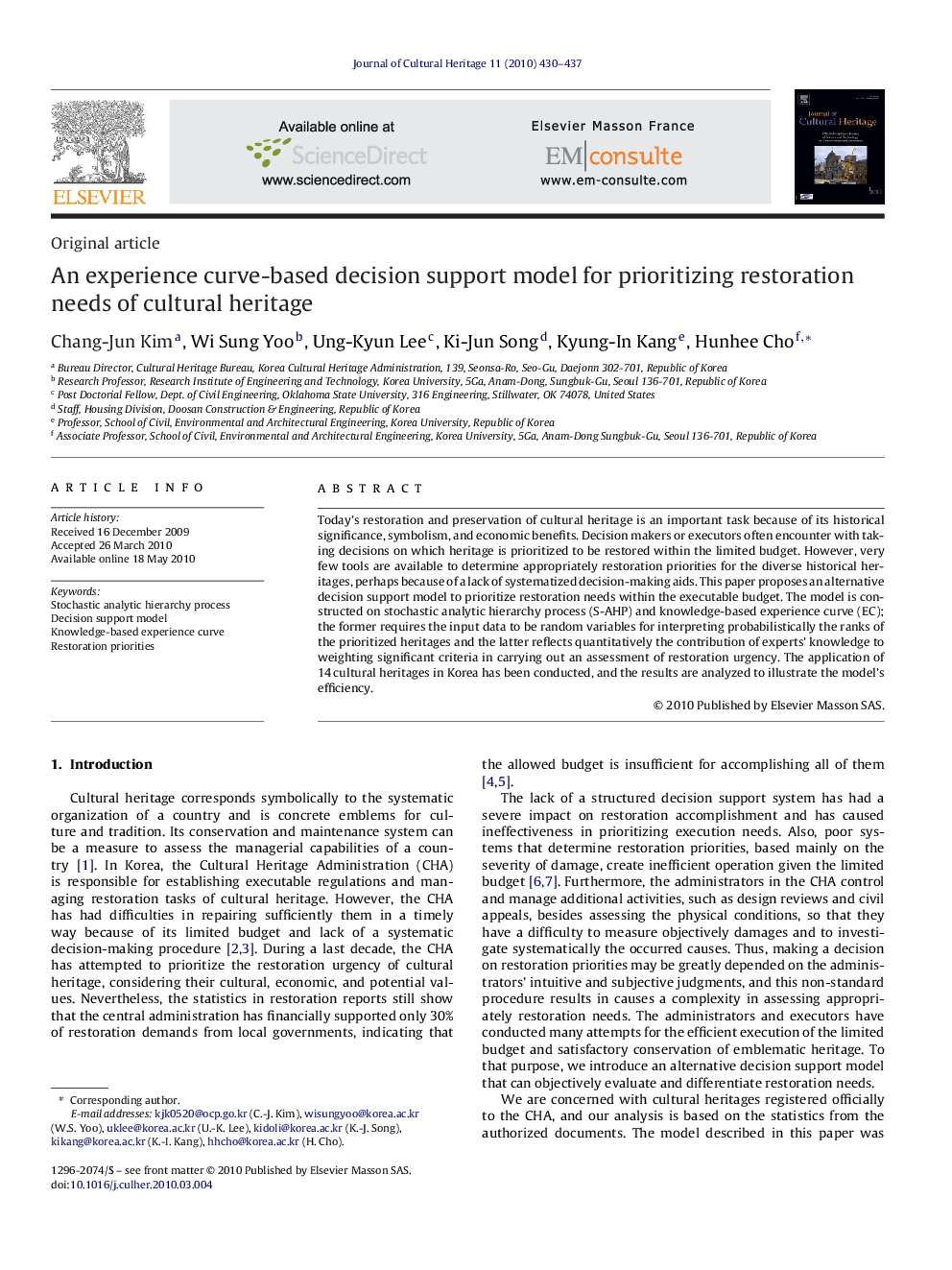 An experience curve-based decision support model for prioritizing restoration needs of cultural heritage