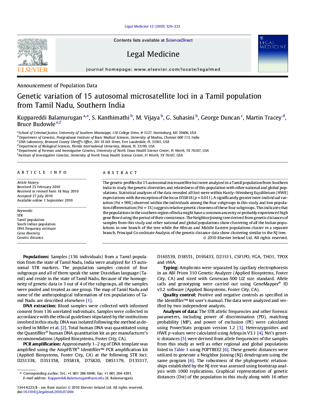 Genetic variation of 15 autosomal microsatellite loci in a Tamil population from Tamil Nadu, Southern India