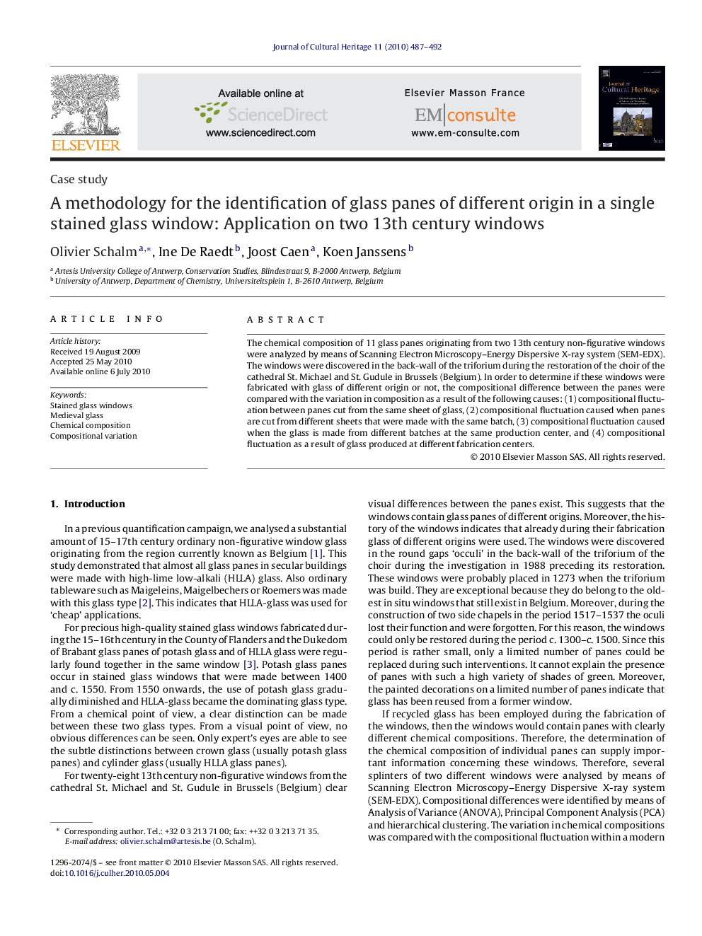 A methodology for the identification of glass panes of different origin in a single stained glass window: Application on two 13th century windows