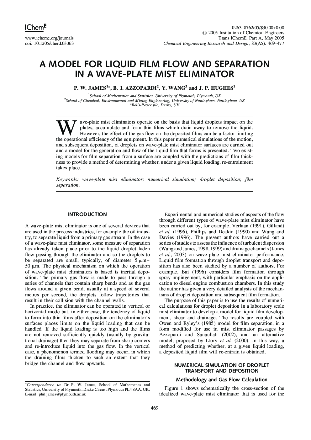 A Model for Liquid Film Flow and Separation in a Wave-Plate Mist Eliminator