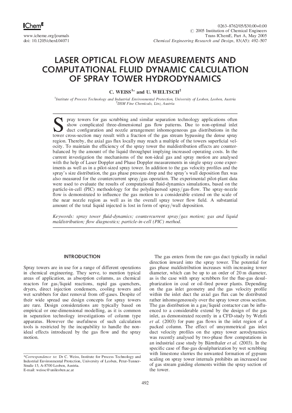 Laser Optical Flow Measurements and Computational Fluid Dynamic Calculation of Spray Tower Hydrodynamics