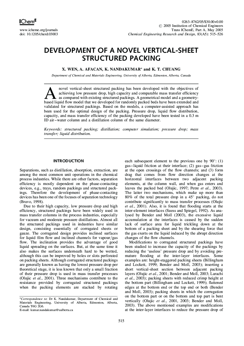 Development of a Novel Vertical-Sheet Structured Packing