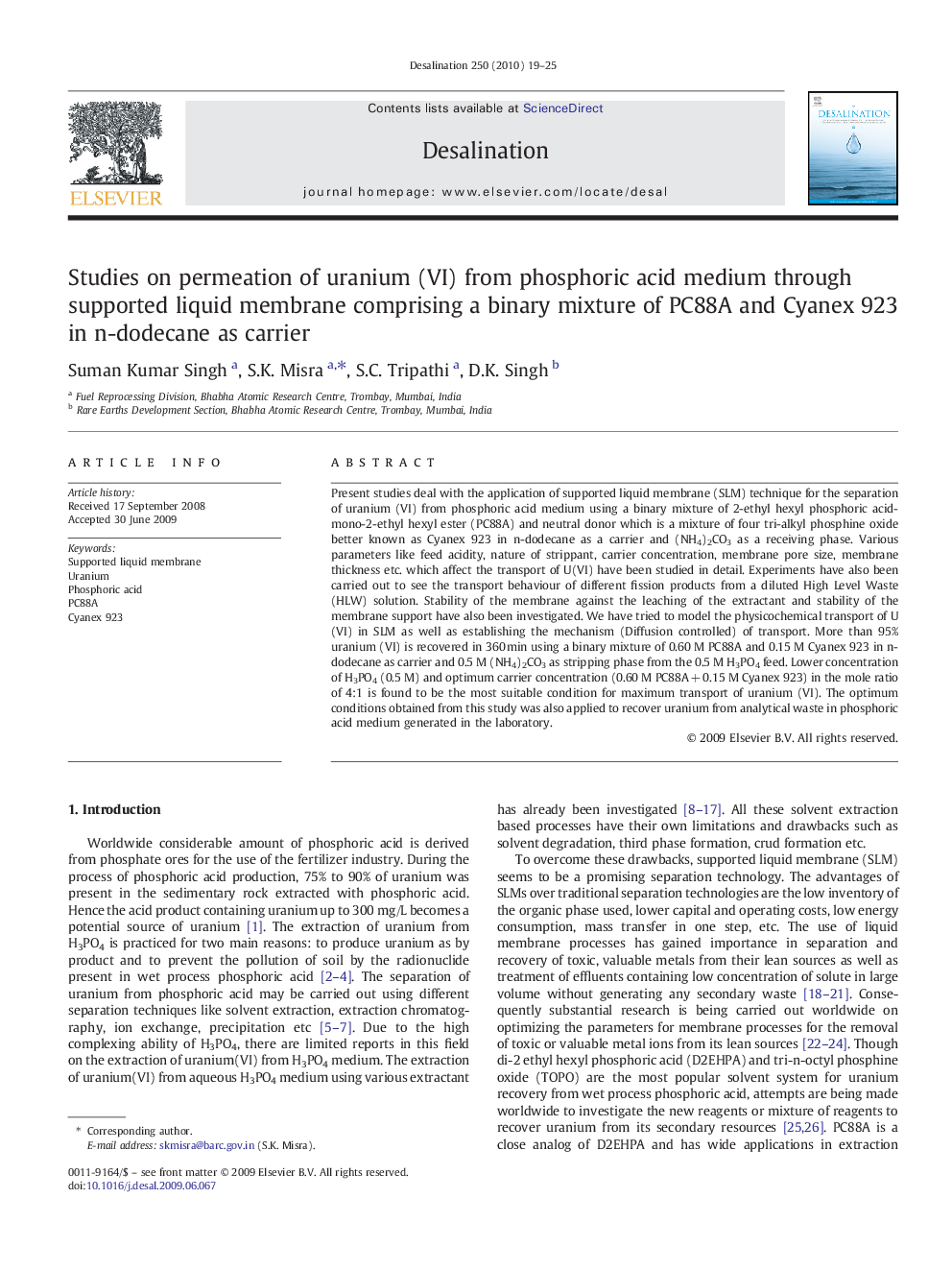 Studies on permeation of uranium (VI) from phosphoric acid medium through supported liquid membrane comprising a binary mixture of PC88A and Cyanex 923 in n-dodecane as carrier