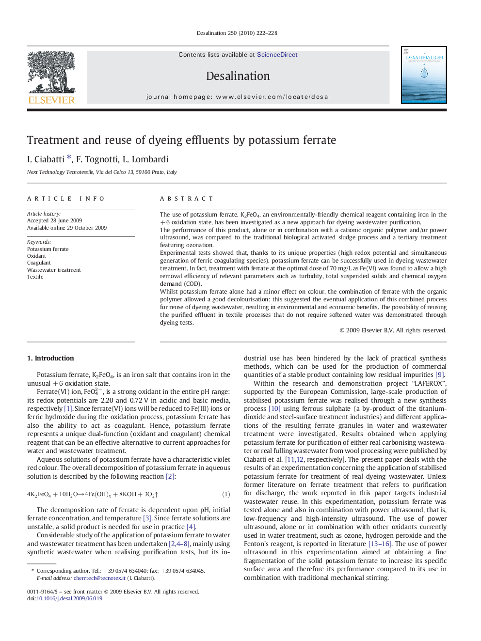 Treatment and reuse of dyeing effluents by potassium ferrate