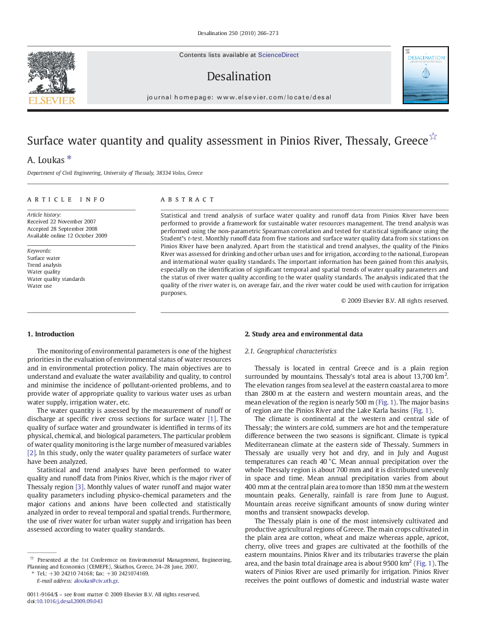 Surface water quantity and quality assessment in Pinios River, Thessaly, Greece